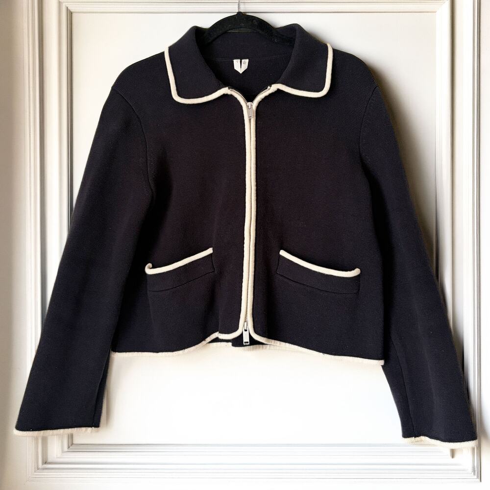ARKET 100% Cotton Knit Cropped Jacket Dark Navy Cream Contrast Trim Size S